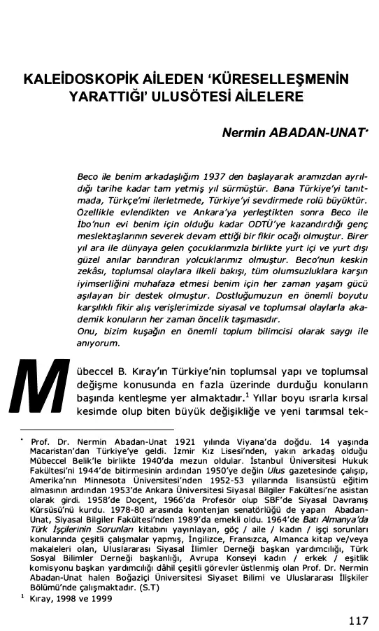 Değişmenin ve Geçiş Toplumunun Sosyoloğu: Mübeccel Belik Kıray — Nermin Abadan-Unat