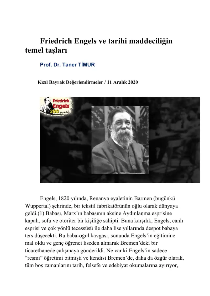 Friedrich Engels ve Tarihi Maddeciliğin Temel Taşları — Taner Timur