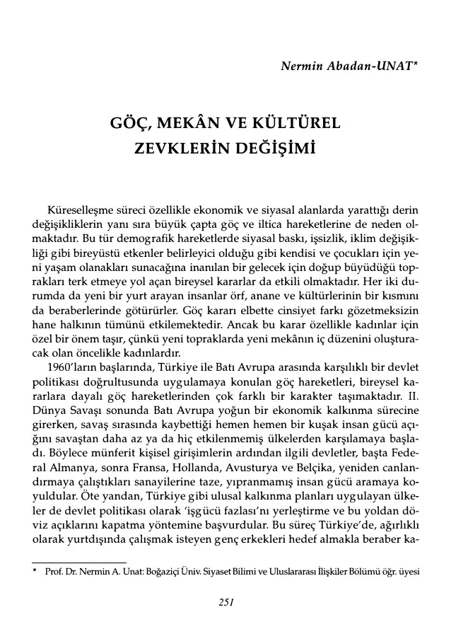 Göç, Mekan ve Kültürel Zevklerin Değişimi — Nermin Abadan-Unat
