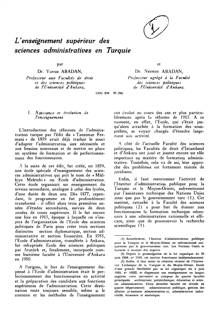 L'Enseignement Superieur des Sciences Administratives en Turquie — Yavuz Abadan, Nermin Abadan